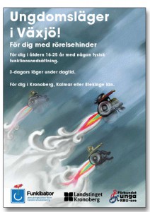 Lägerinbjudan Bild på vår lägerinbjudan med tecknade flygande raket rullstolar...